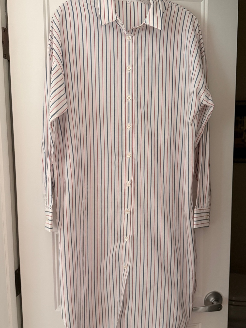 Women's White Maxi Shirt Dress with Red & Blue Stripes